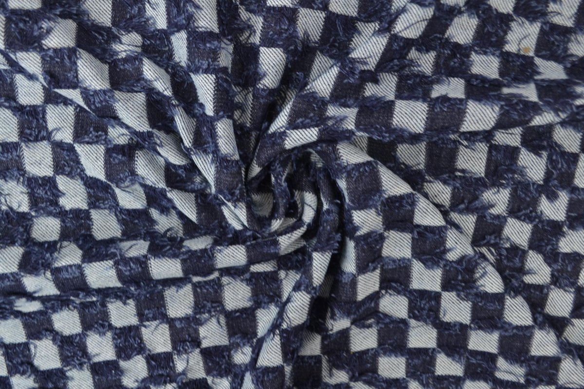 Jeans / Denim Jacquard – Karomuster ausgefranst Dunkelblau