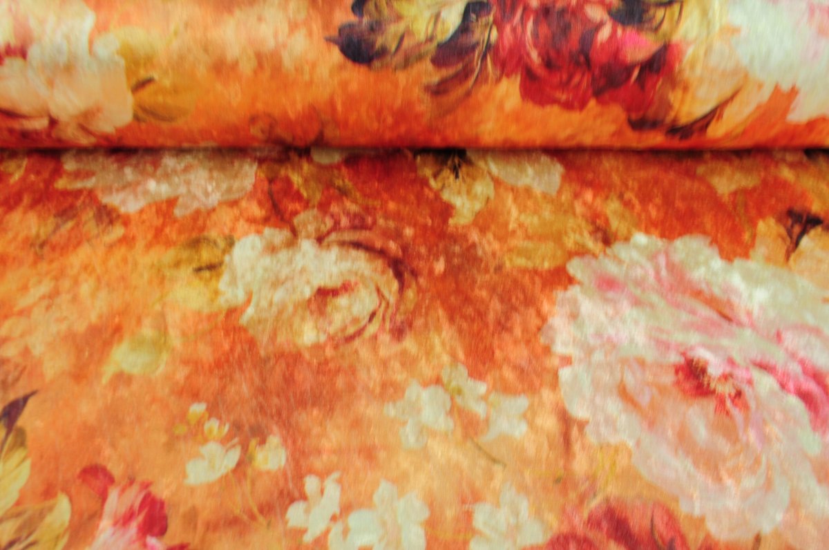 Samt Stretch – Orangefarbene Blumen – Bild 3