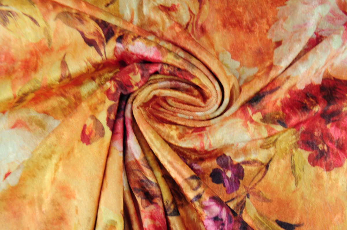Samt Stretch – Orangefarbene Blumen – Bild 2